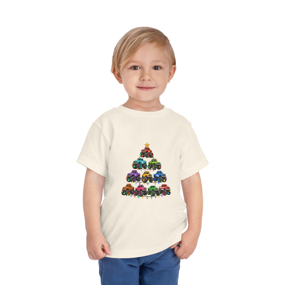Toddler Tee — Colorful Monster Truck Christmas Tree Holiday Shirt