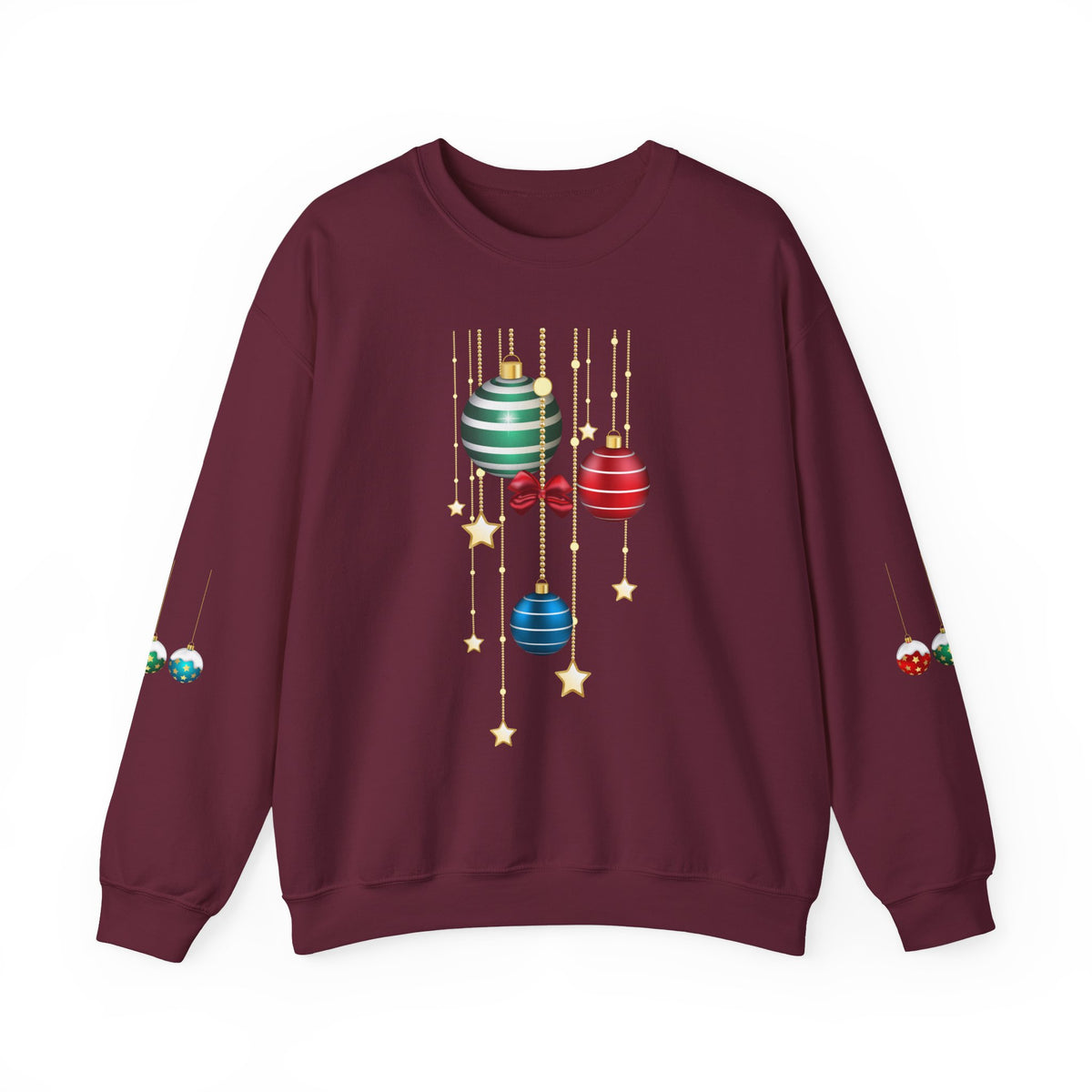 Holiday Ornaments Crewneck Sweatshirt — Hanging Baubles & Stars Christmas Sweater