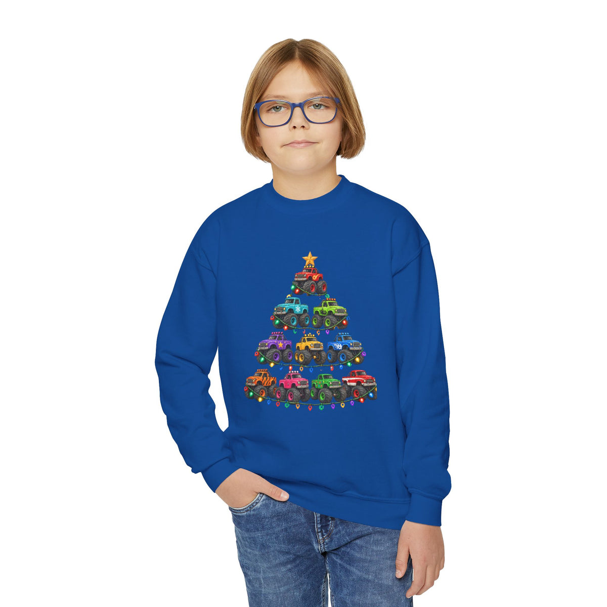 Youth Crewneck Sweatshirt — Colorful Monster Truck Christmas Tree Holiday Sweatshirt