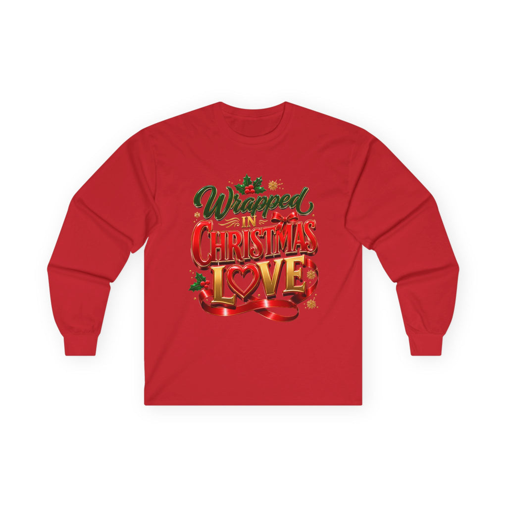 Long Sleeve Tee — "Wrapped in Christmas Love" Holiday Graphic Shirt
