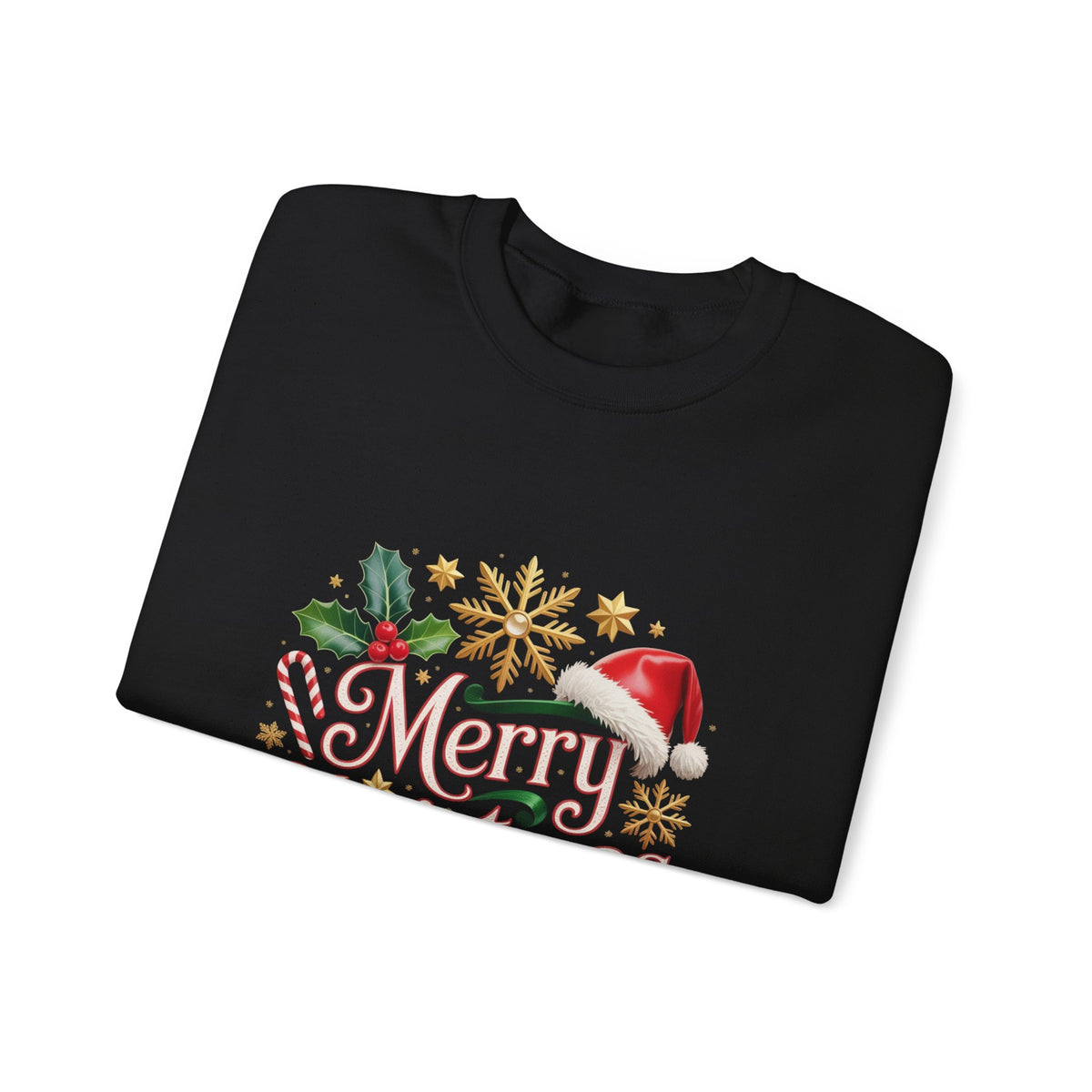 Merry Christmas Sweatshirt - Festive Holiday Crewneck with Santa Hat & Holly