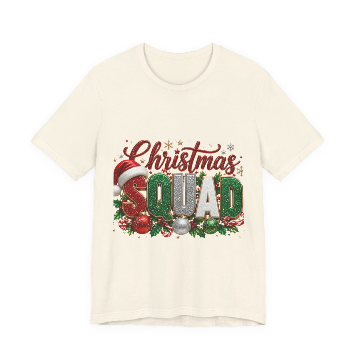 Christmas Squad T-Shirt – Festive Holiday Tee with Santa Hat & Ornaments