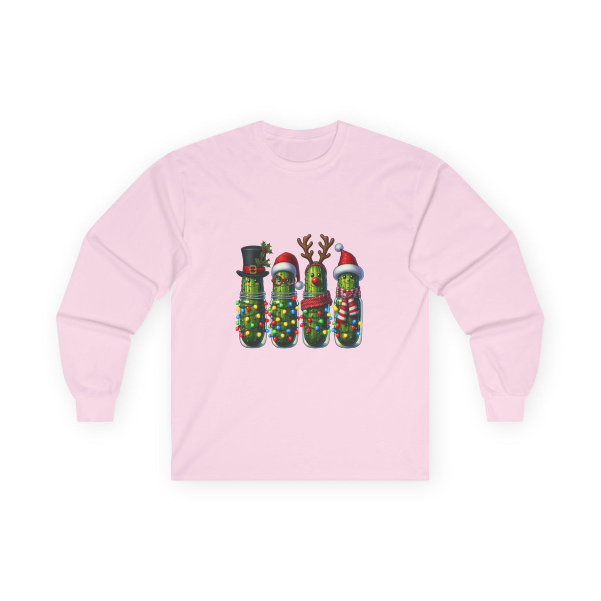 Long Sleeve Tee - Christmas Pickle Family with Santa Hat & Reindeer Holiday Design