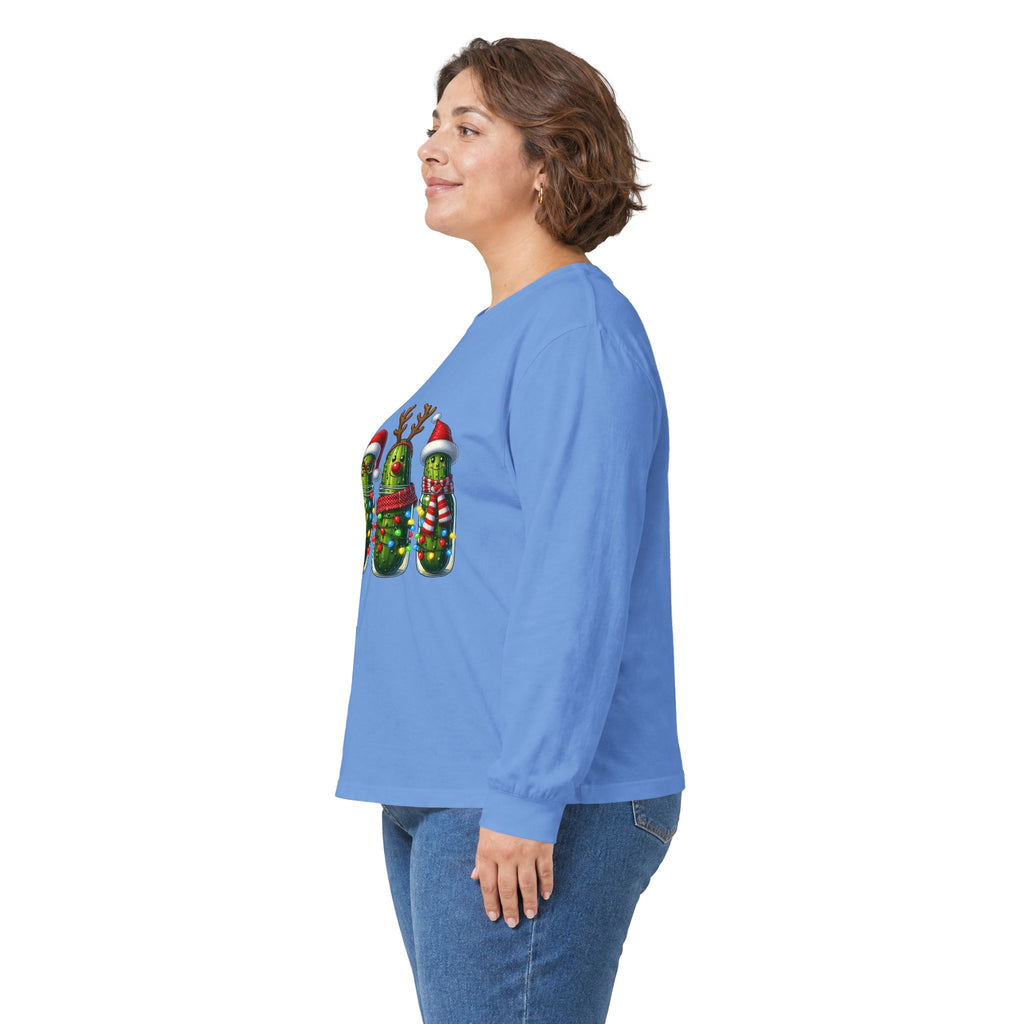 Long Sleeve Tee - Christmas Pickle Family with Santa Hat & Reindeer Holiday Design