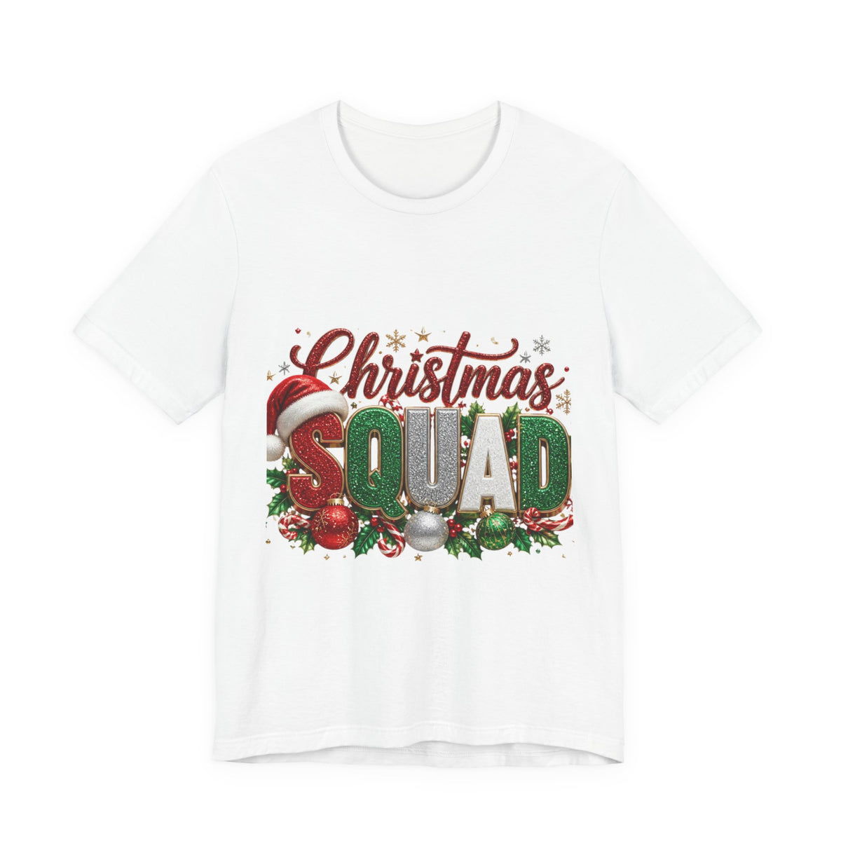 Christmas Squad T-Shirt – Festive Holiday Tee with Santa Hat & Ornaments