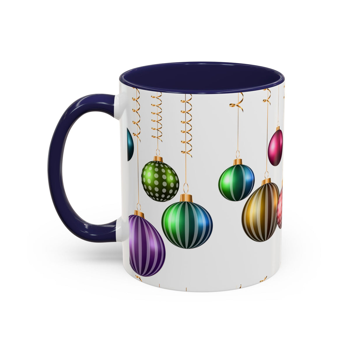 Holiday Ornament Accent Coffee Mug — Colorful Hanging Baubles 11/15oz