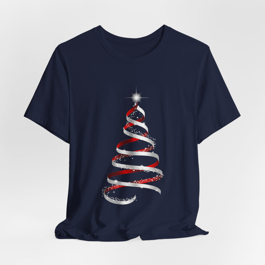 Christmas Ribbon Tree T-Shirt — Minimal Red & White Holiday Tee