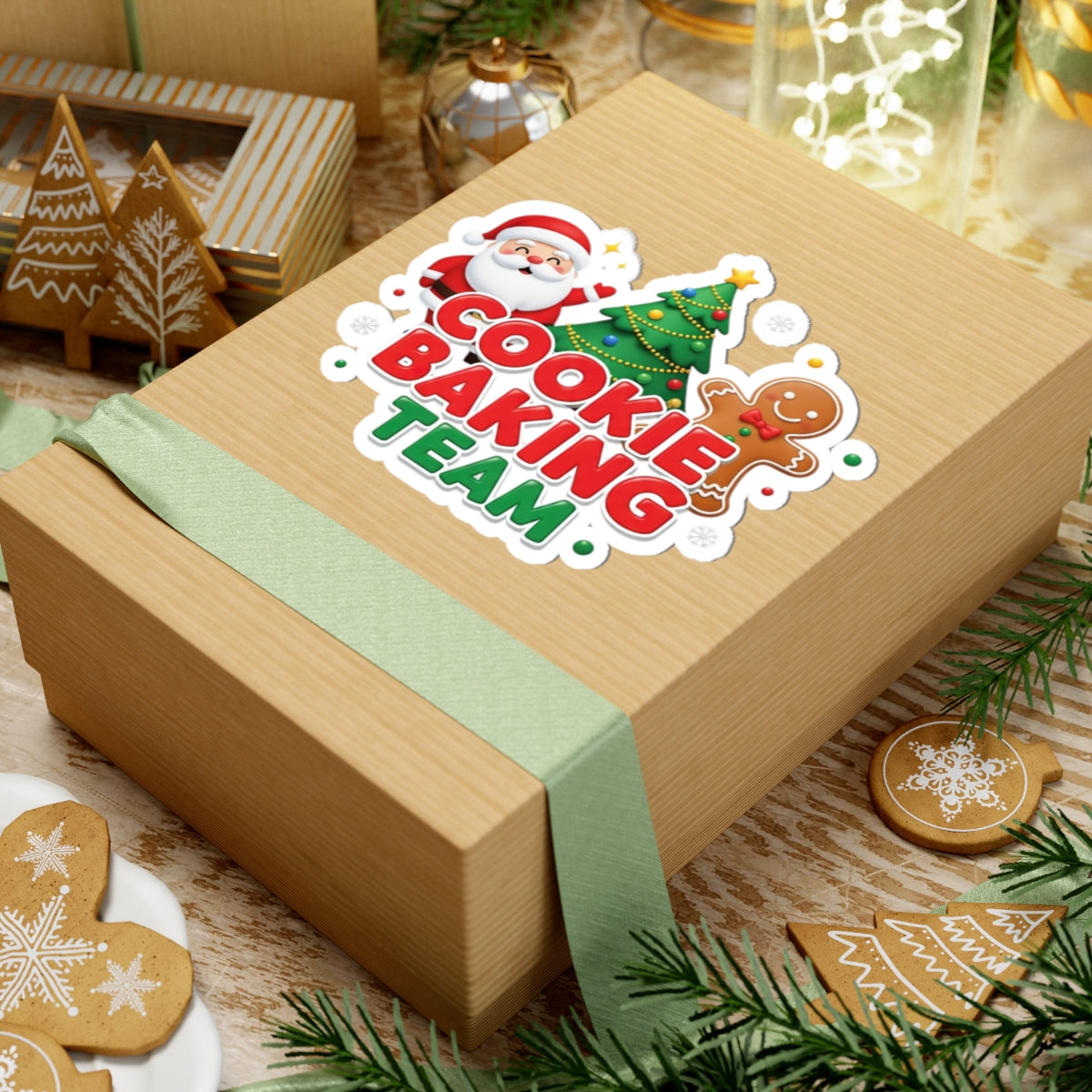 Cookie Baking Team Sticker — Festive Christmas Santa, Tree & Gingerbread Kiss-Cut Sticker