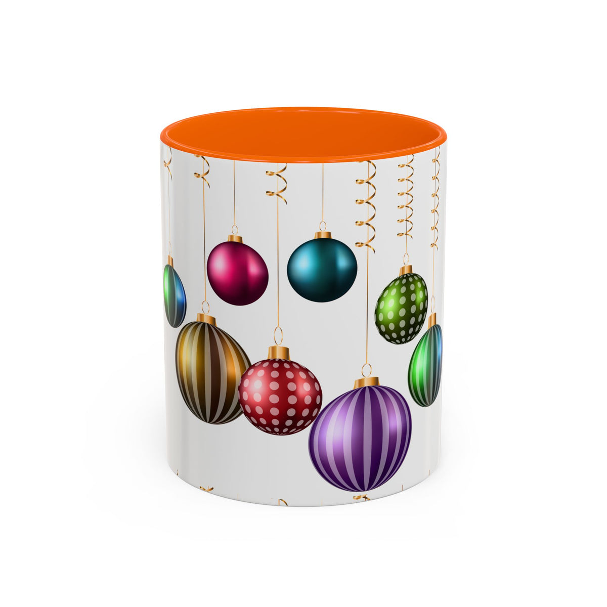 Holiday Ornament Accent Coffee Mug — Colorful Hanging Baubles 11/15oz