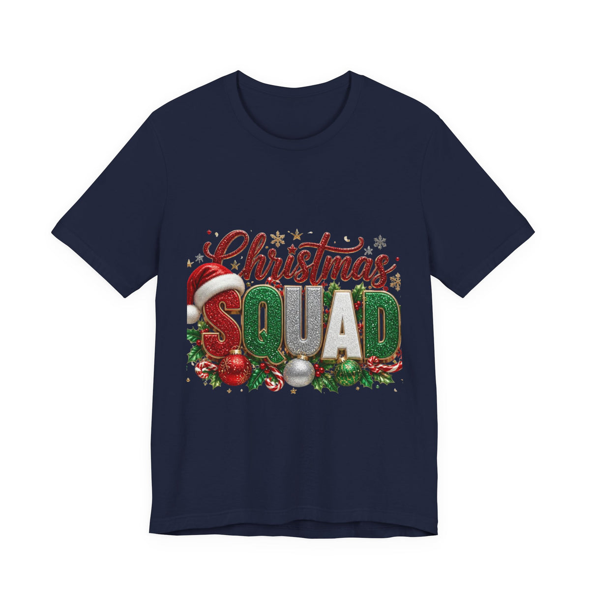 Christmas Squad T-Shirt – Festive Holiday Tee with Santa Hat & Ornaments