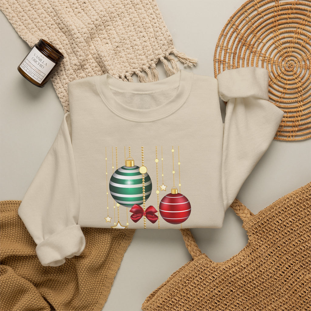 Holiday Ornaments Crewneck Sweatshirt — Hanging Baubles & Stars Christmas Sweater