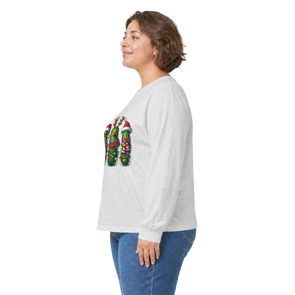 Long Sleeve Tee - Christmas Pickle Family with Santa Hat & Reindeer Holiday Design