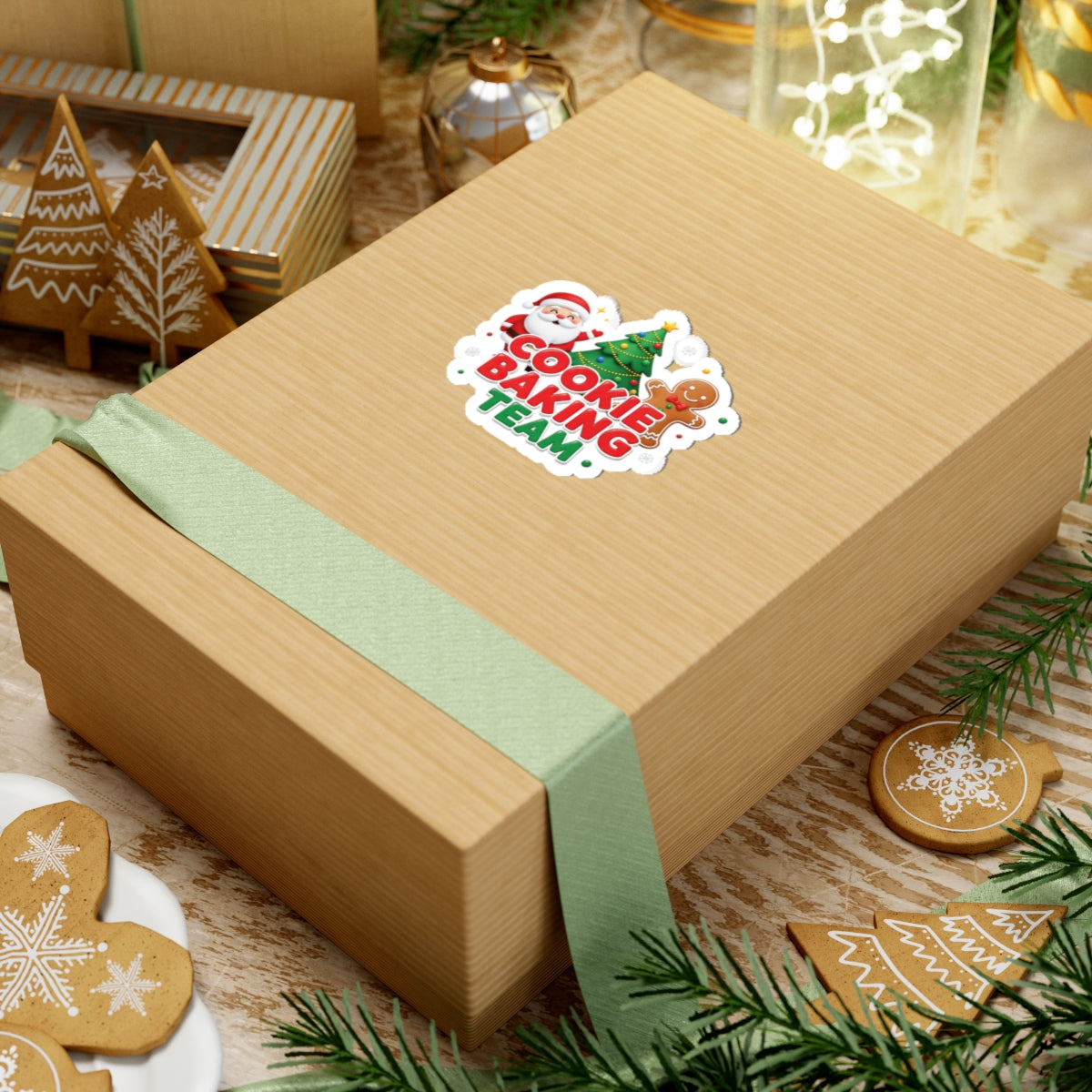 Cookie Baking Team Sticker — Festive Christmas Santa, Tree & Gingerbread Kiss-Cut Sticker
