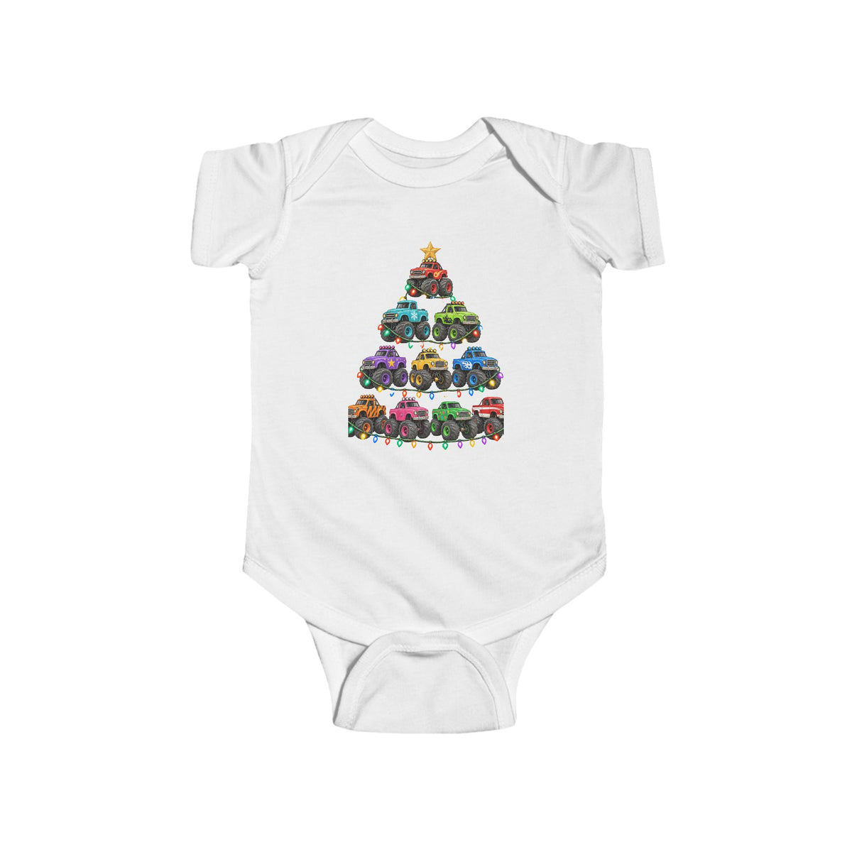 Baby Bodysuit — Colorful Monster Truck Christmas Tree Holiday Onesie
