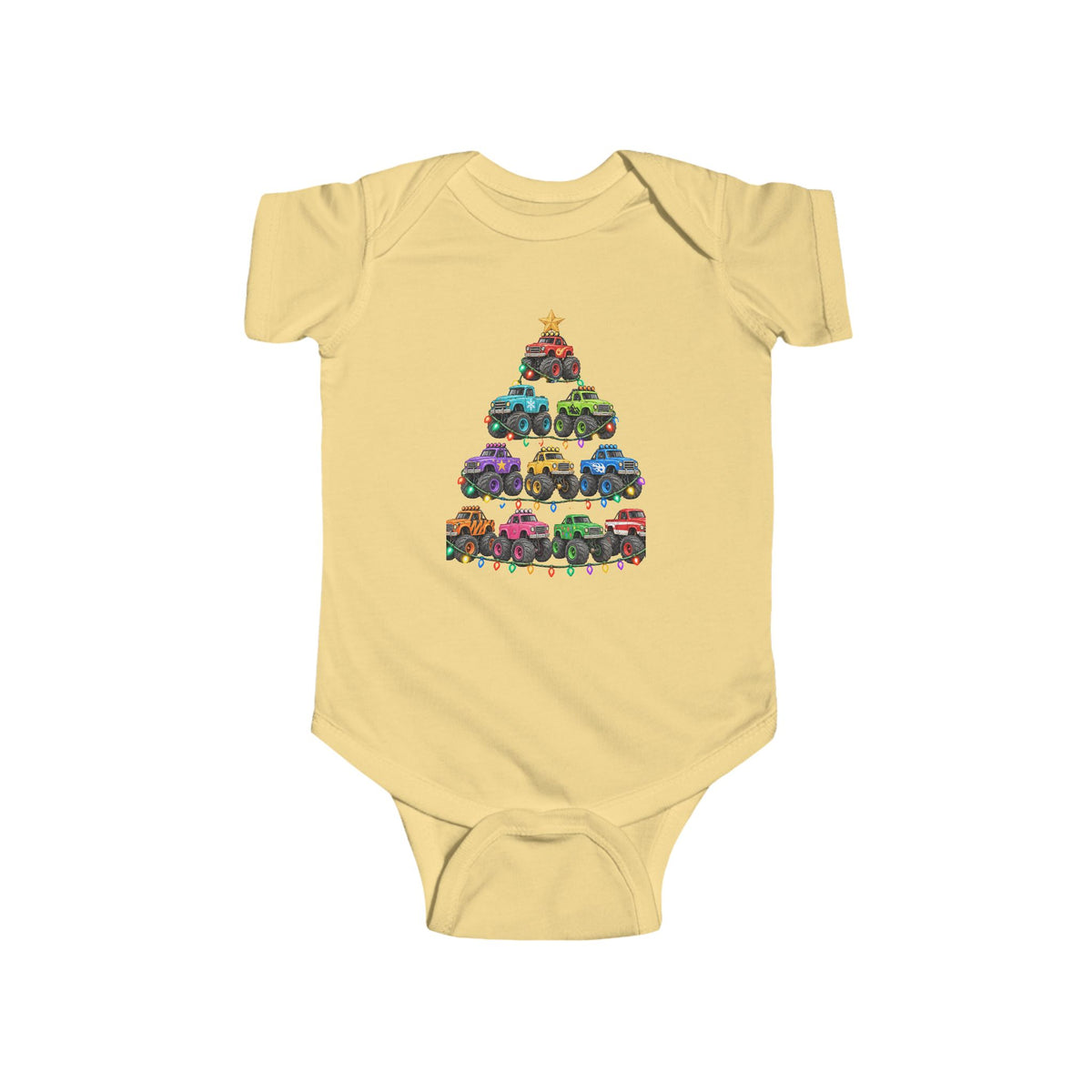 Baby Bodysuit — Colorful Monster Truck Christmas Tree Holiday Onesie