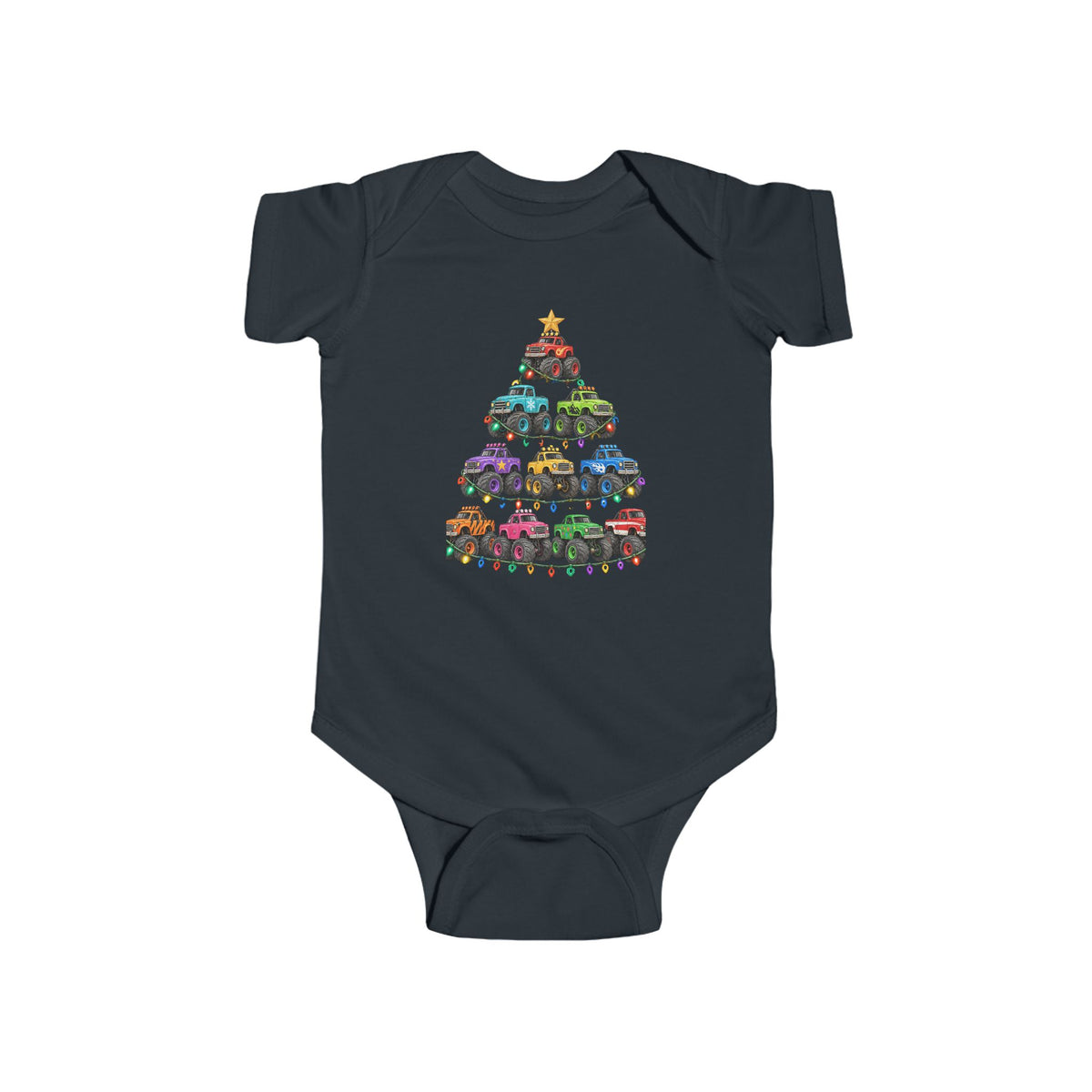 Baby Bodysuit — Colorful Monster Truck Christmas Tree Holiday Onesie