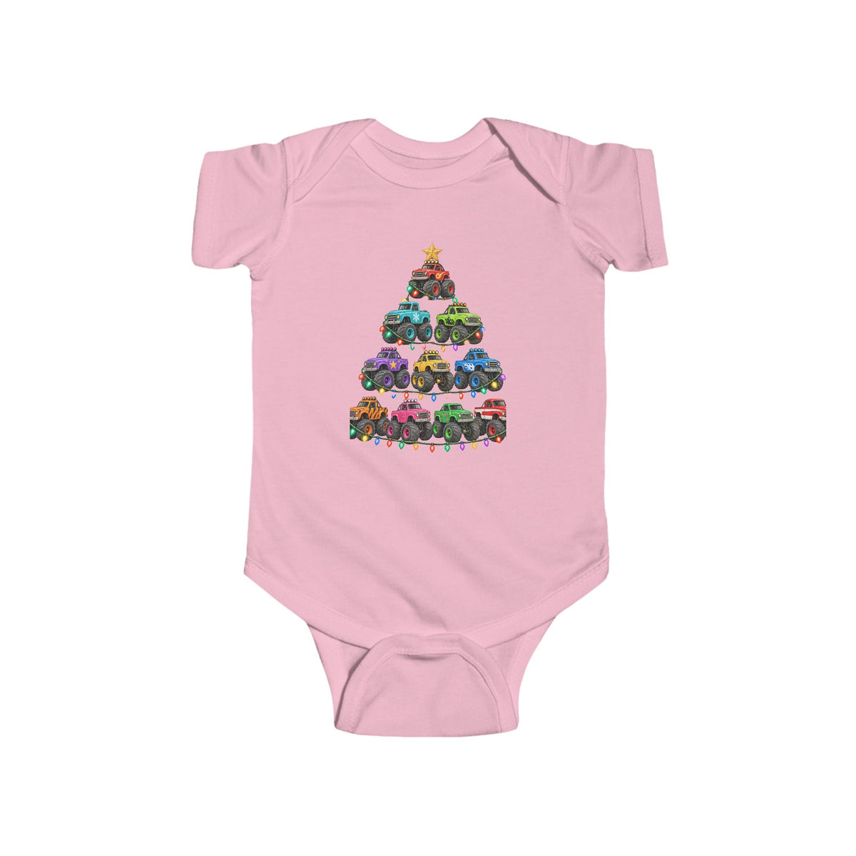 Baby Bodysuit — Colorful Monster Truck Christmas Tree Holiday Onesie