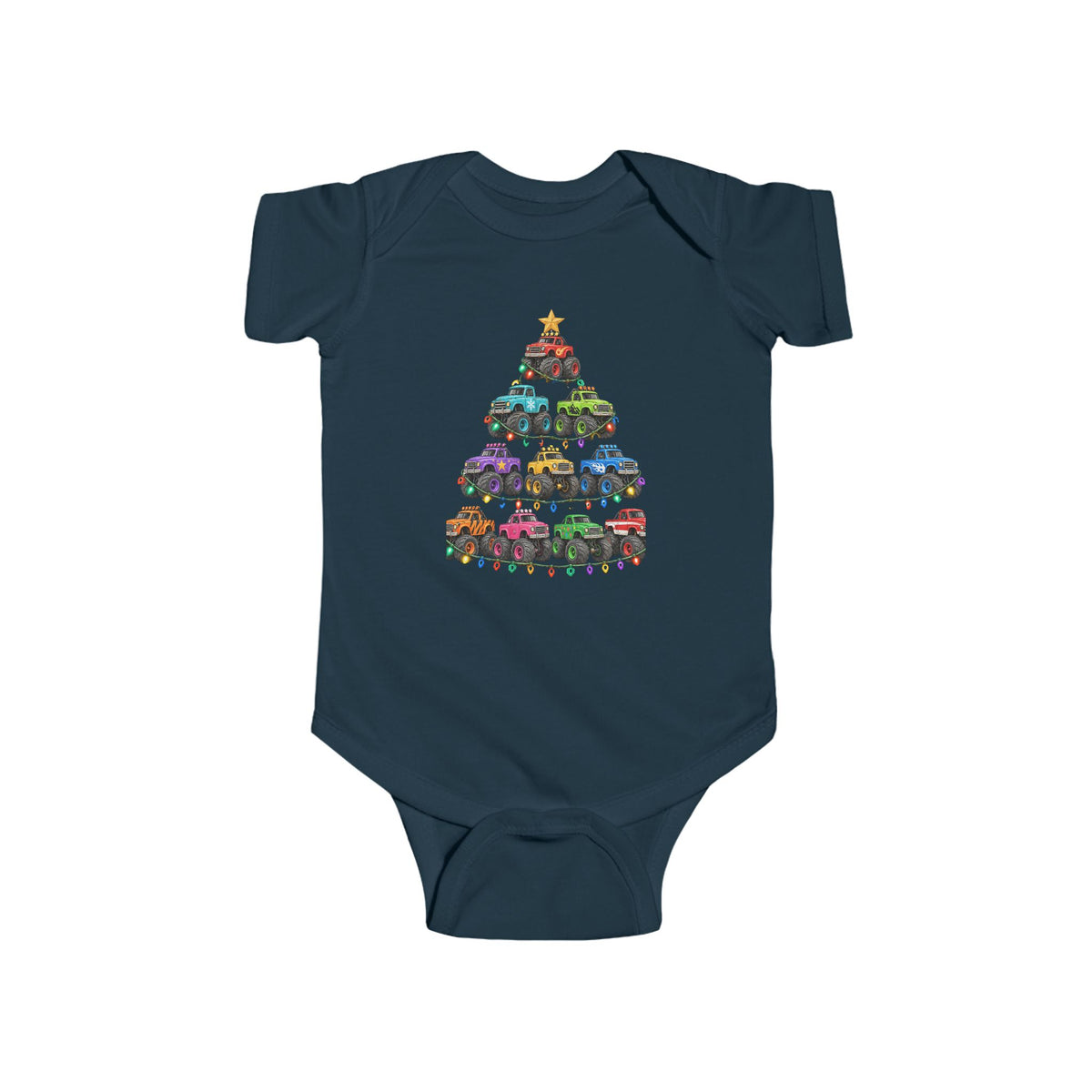 Baby Bodysuit — Colorful Monster Truck Christmas Tree Holiday Onesie