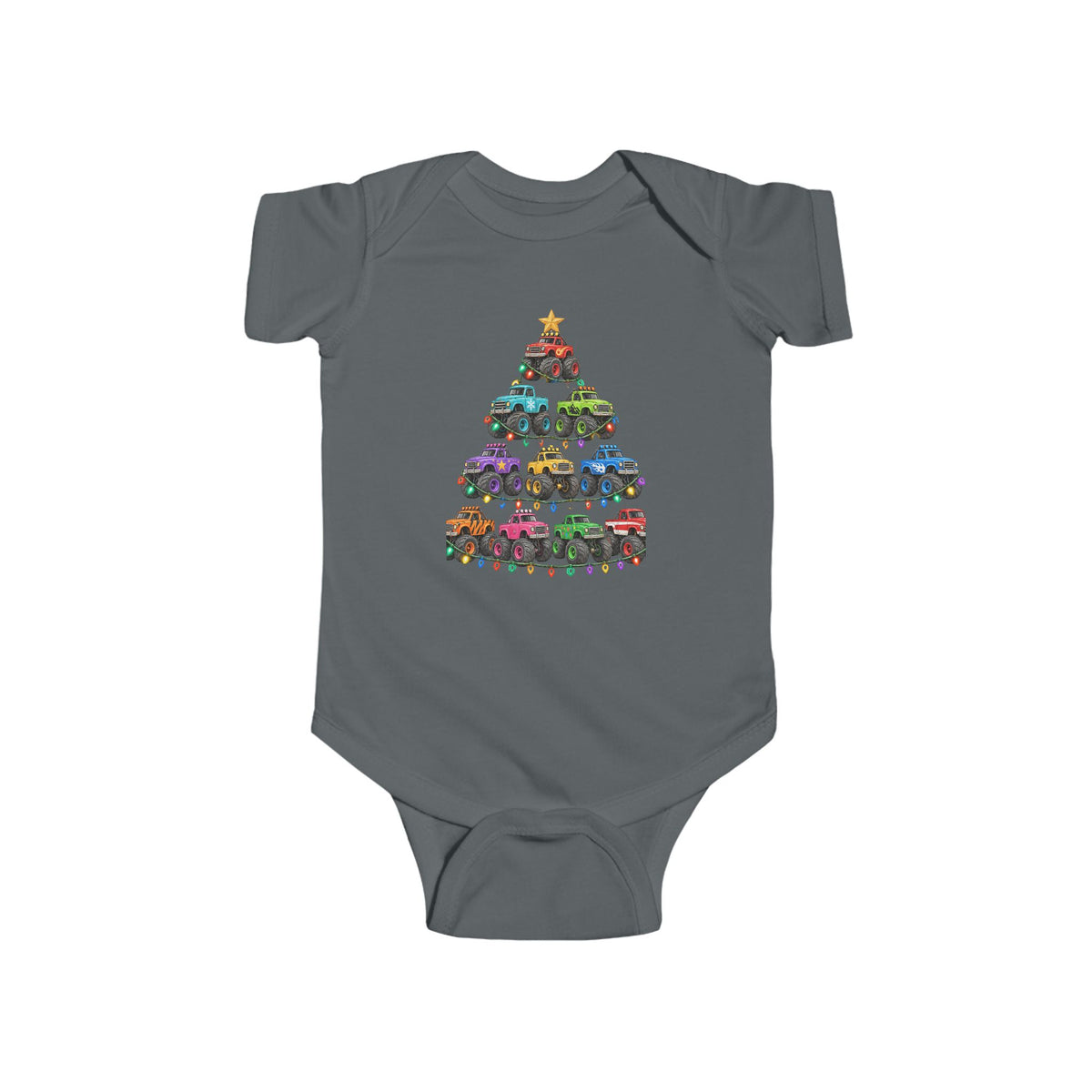 Baby Bodysuit — Colorful Monster Truck Christmas Tree Holiday Onesie