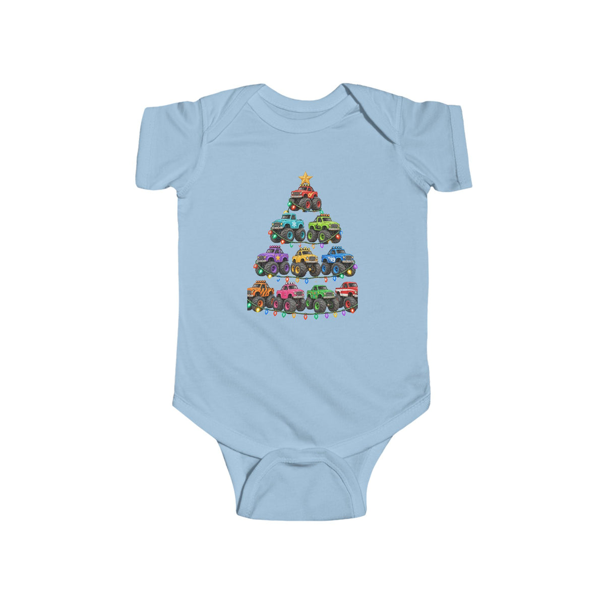 Baby Bodysuit — Colorful Monster Truck Christmas Tree Holiday Onesie