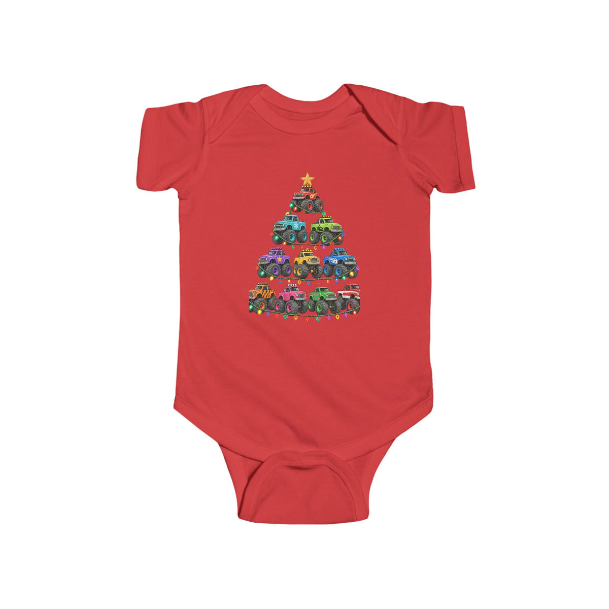 Baby Bodysuit — Colorful Monster Truck Christmas Tree Holiday Onesie