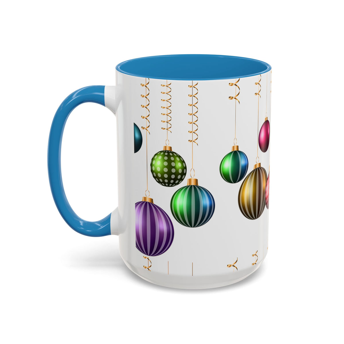 Holiday Ornament Accent Coffee Mug — Colorful Hanging Baubles 11/15oz