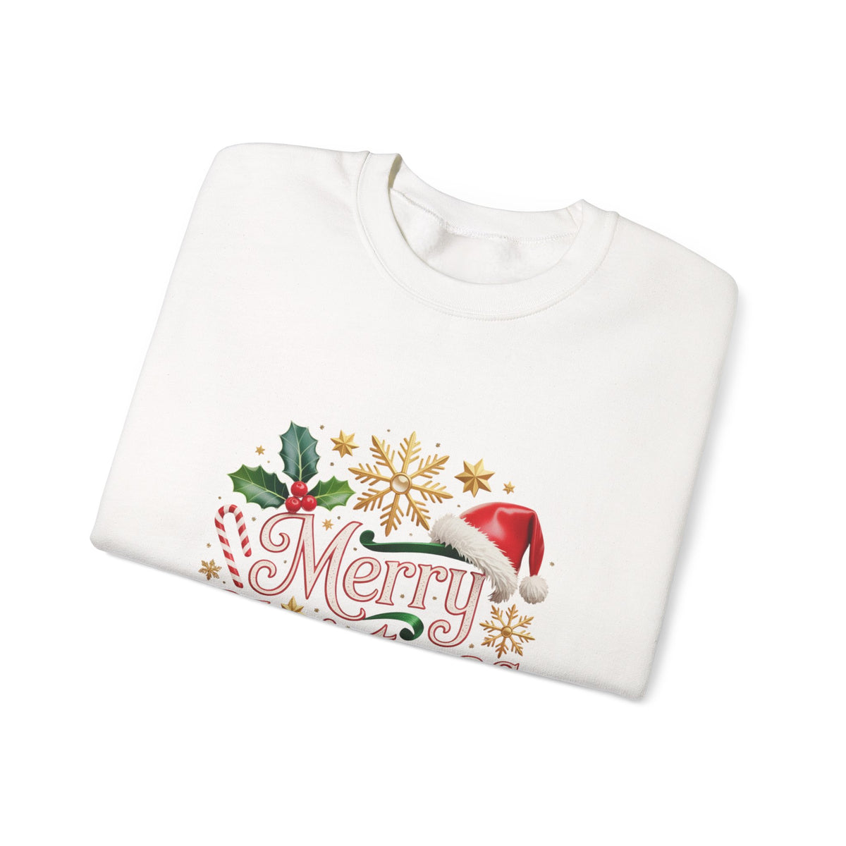 Merry Christmas Crewneck Sweatshirt — Festive Santa Hat & Holly Holiday Pullover