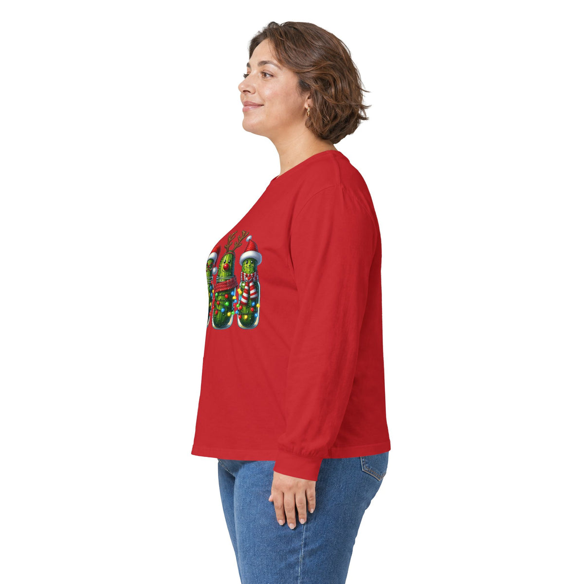 Long Sleeve Tee - Christmas Pickle Family with Santa Hat & Reindeer Holiday Design