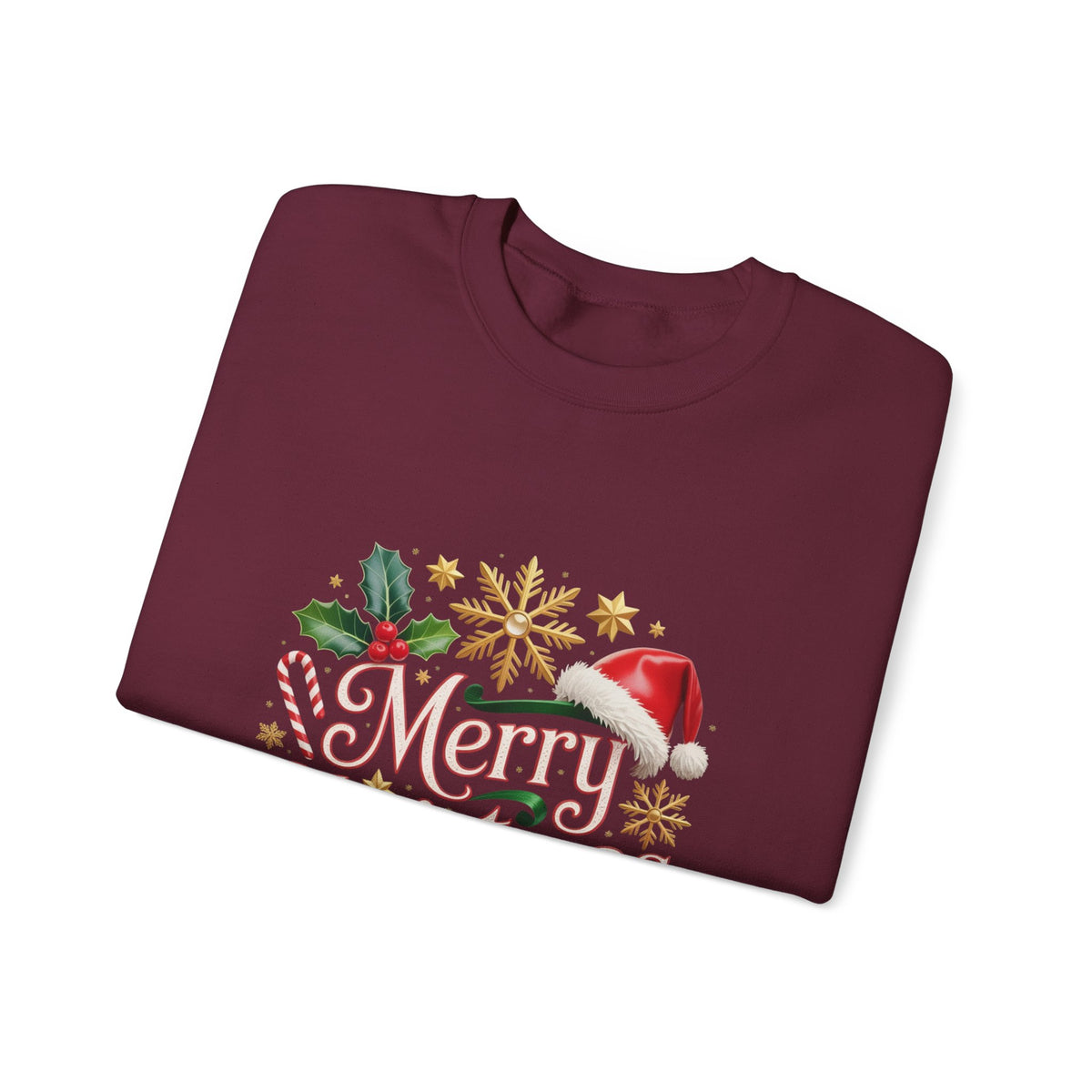 Merry Christmas Crewneck Sweatshirt — Festive Santa Hat & Holly Holiday Pullover