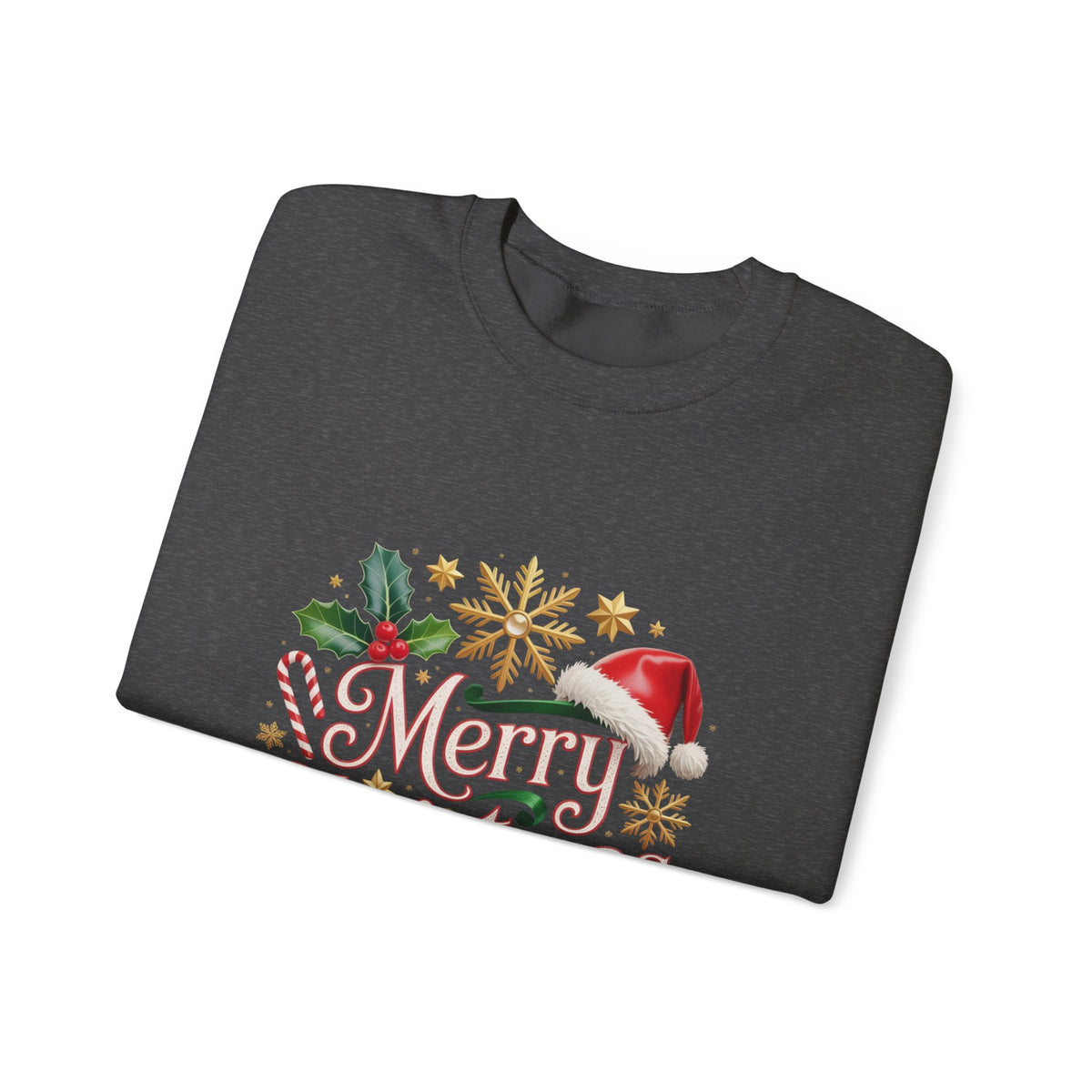 Merry Christmas Crewneck Sweatshirt — Festive Santa Hat & Holly Holiday Pullover