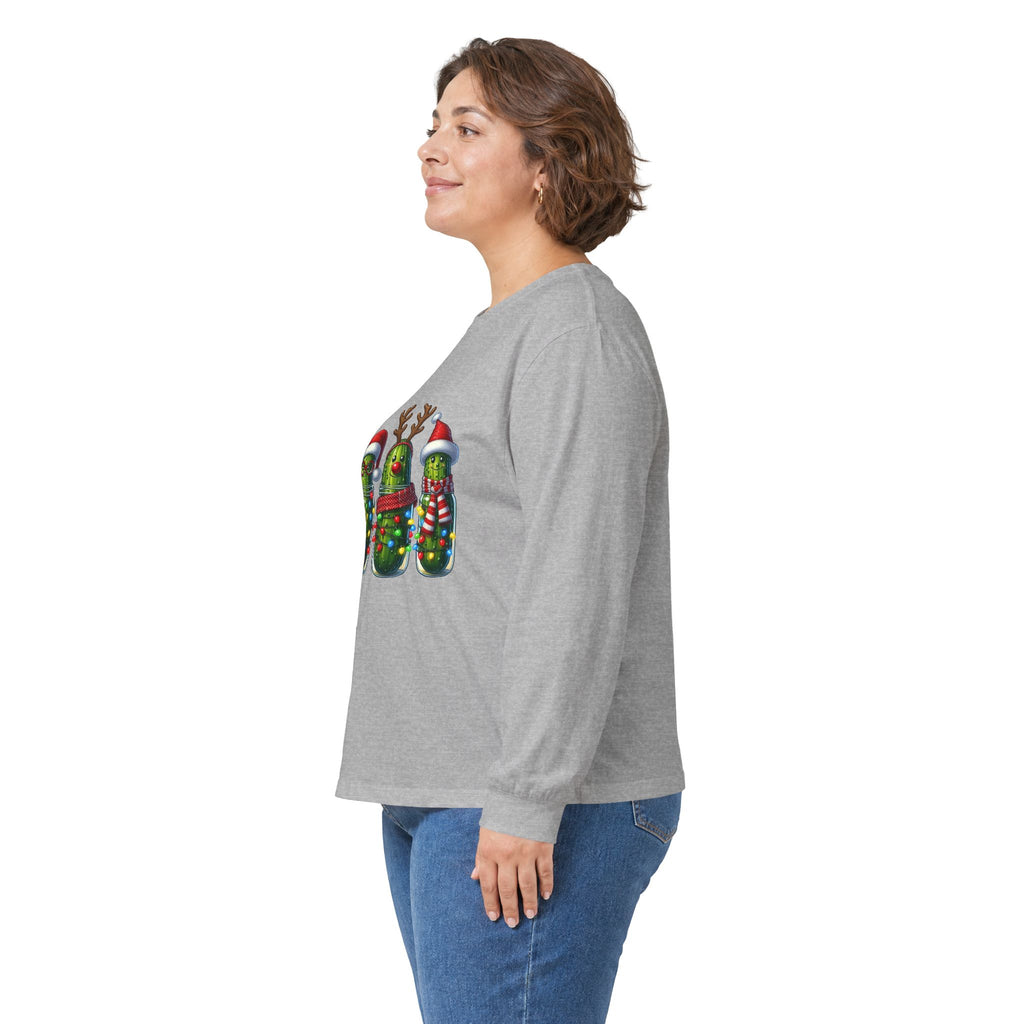 Long Sleeve Tee - Christmas Pickle Family with Santa Hat & Reindeer Holiday Design