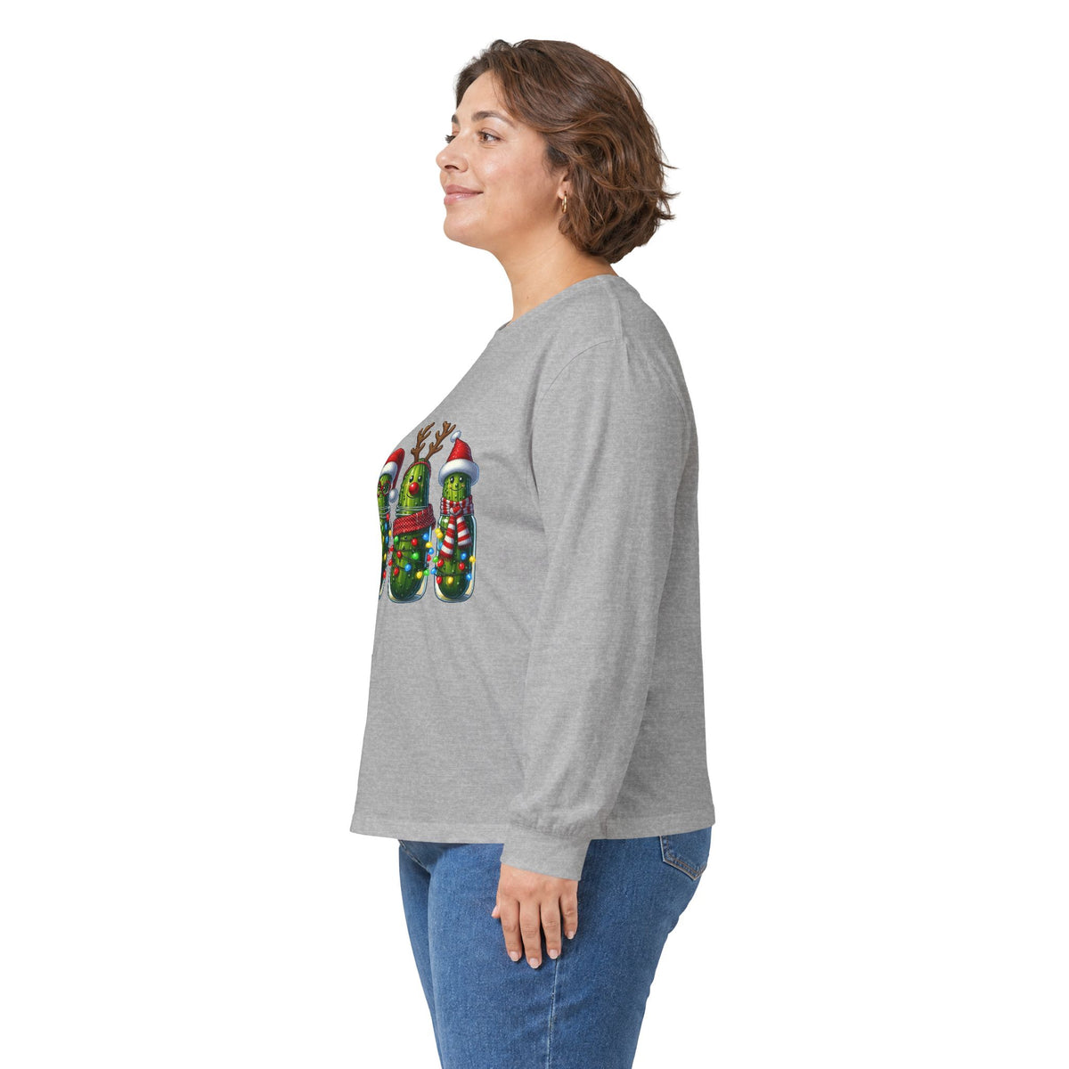 Long Sleeve Tee - Christmas Pickle Family with Santa Hat & Reindeer Holiday Design