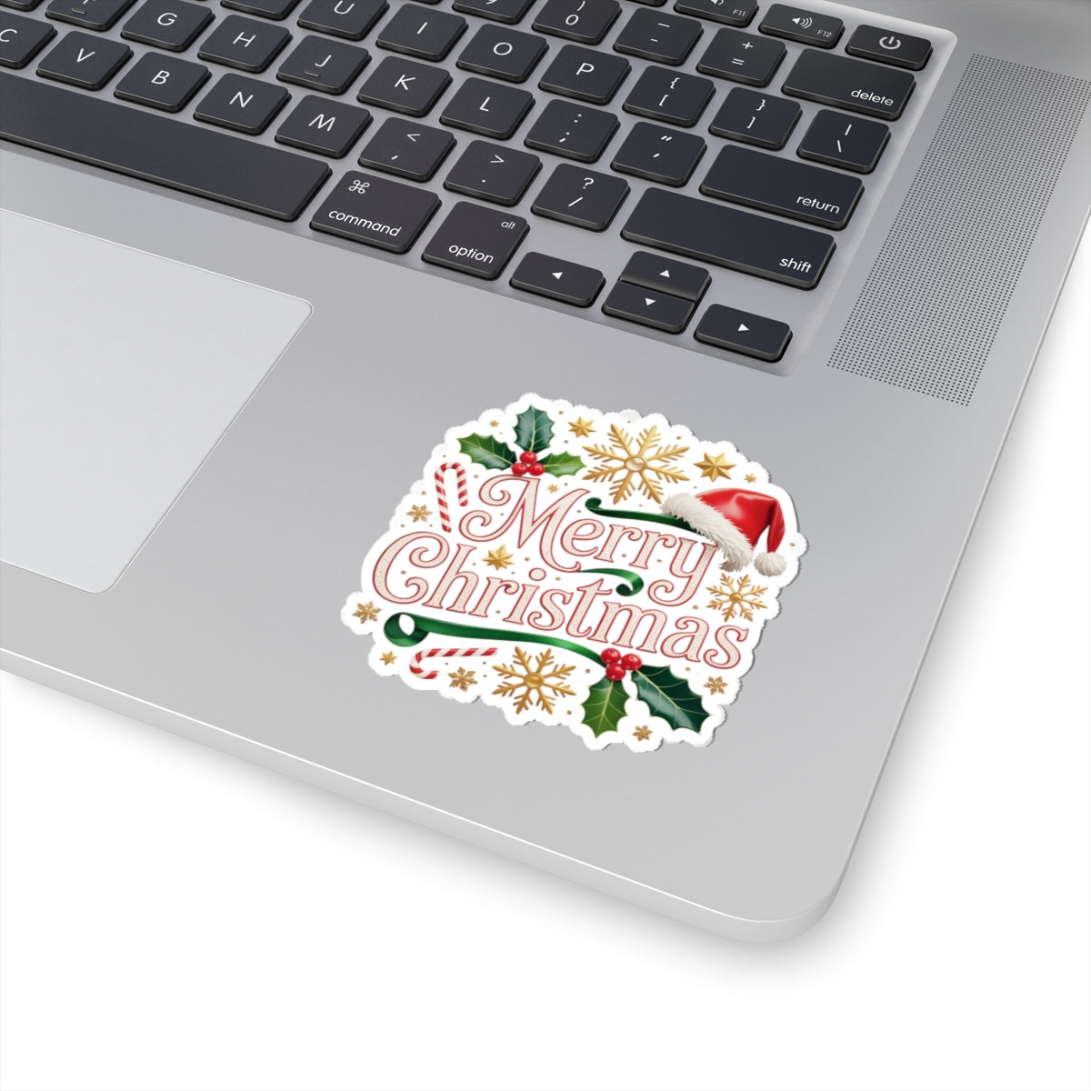 Merry Christmas Holiday Sticker — Festive Santa Hat & Holly Kiss-Cut Sticker