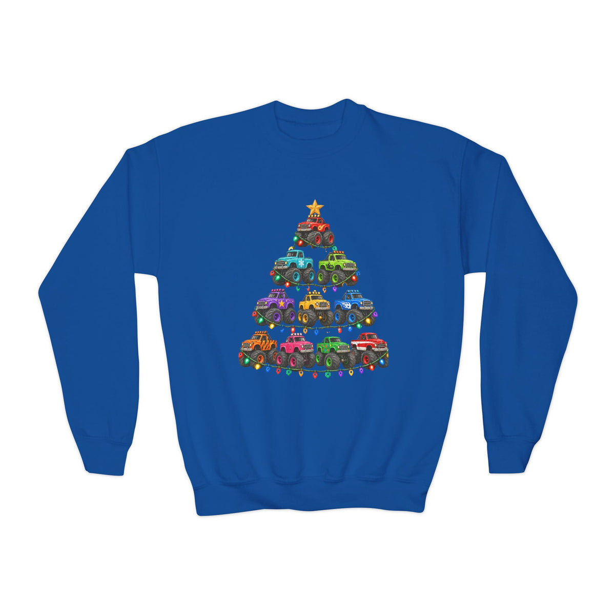 Youth Crewneck Sweatshirt — Colorful Monster Truck Christmas Tree Holiday Sweatshirt