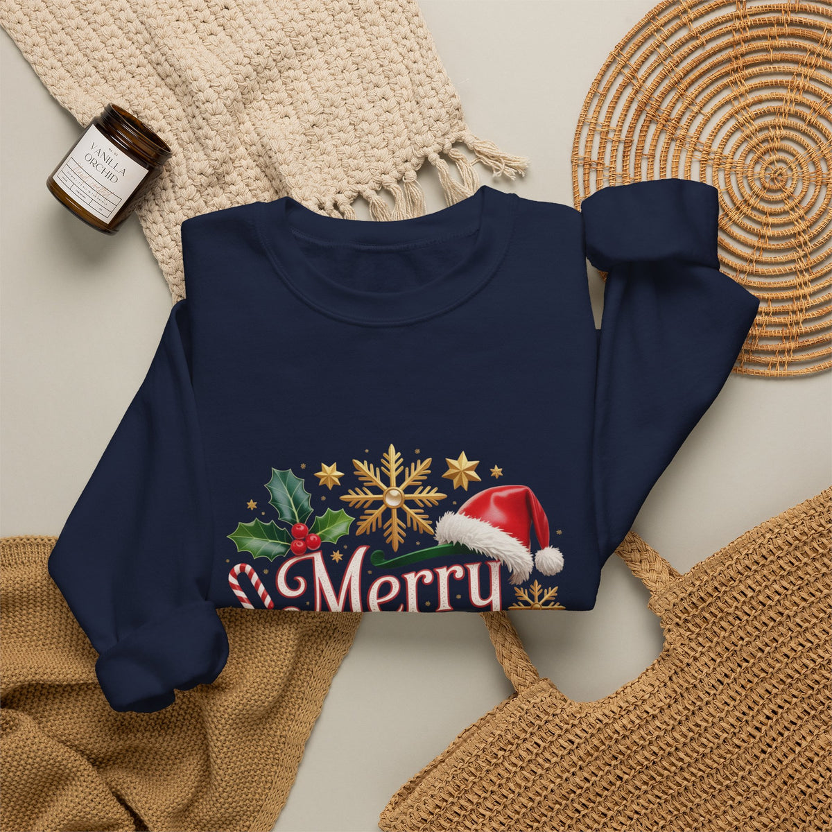 Merry Christmas Crewneck Sweatshirt — Festive Santa Hat & Holly Holiday Pullover