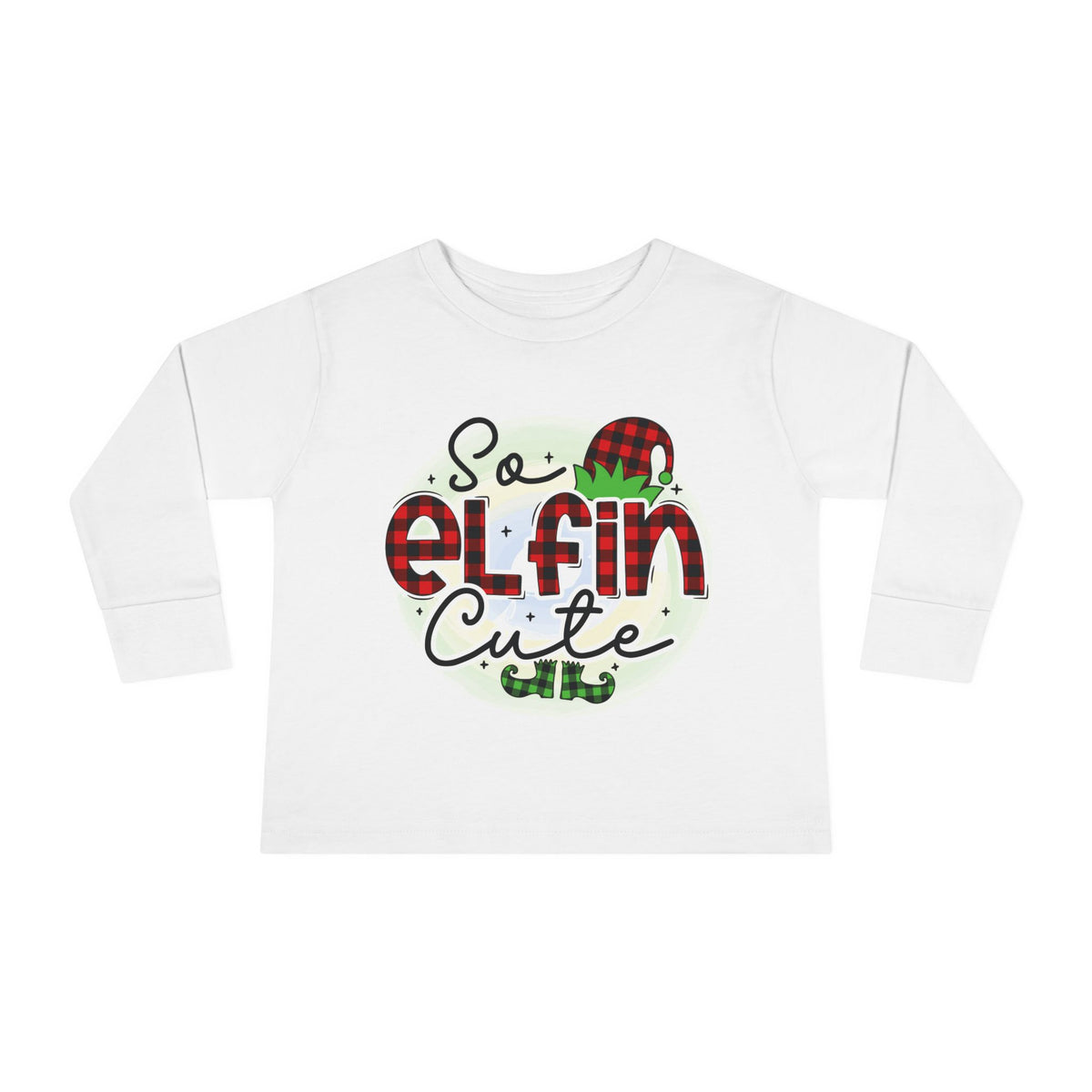 So Elfin Cute Toddler Long Sleeve Tee - Plaid Elf Hat Christmas Shirt