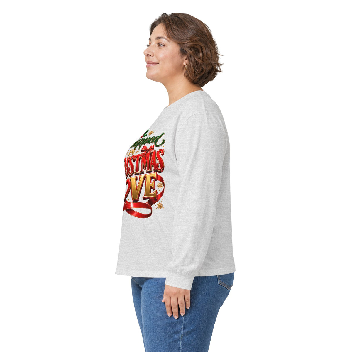 Long Sleeve Tee — "Wrapped in Christmas Love" Holiday Graphic Shirt