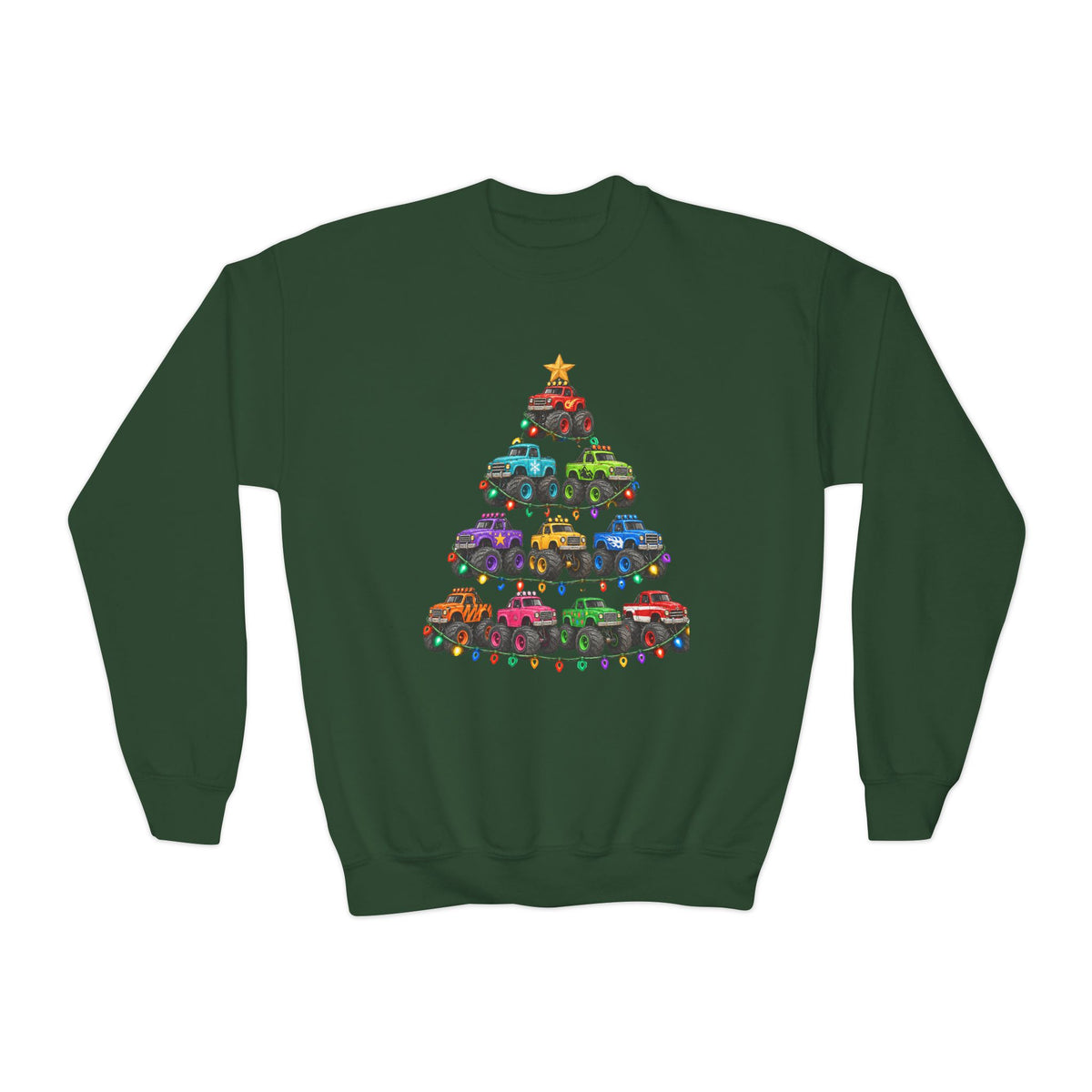 Youth Crewneck Sweatshirt — Colorful Monster Truck Christmas Tree Holiday Sweatshirt