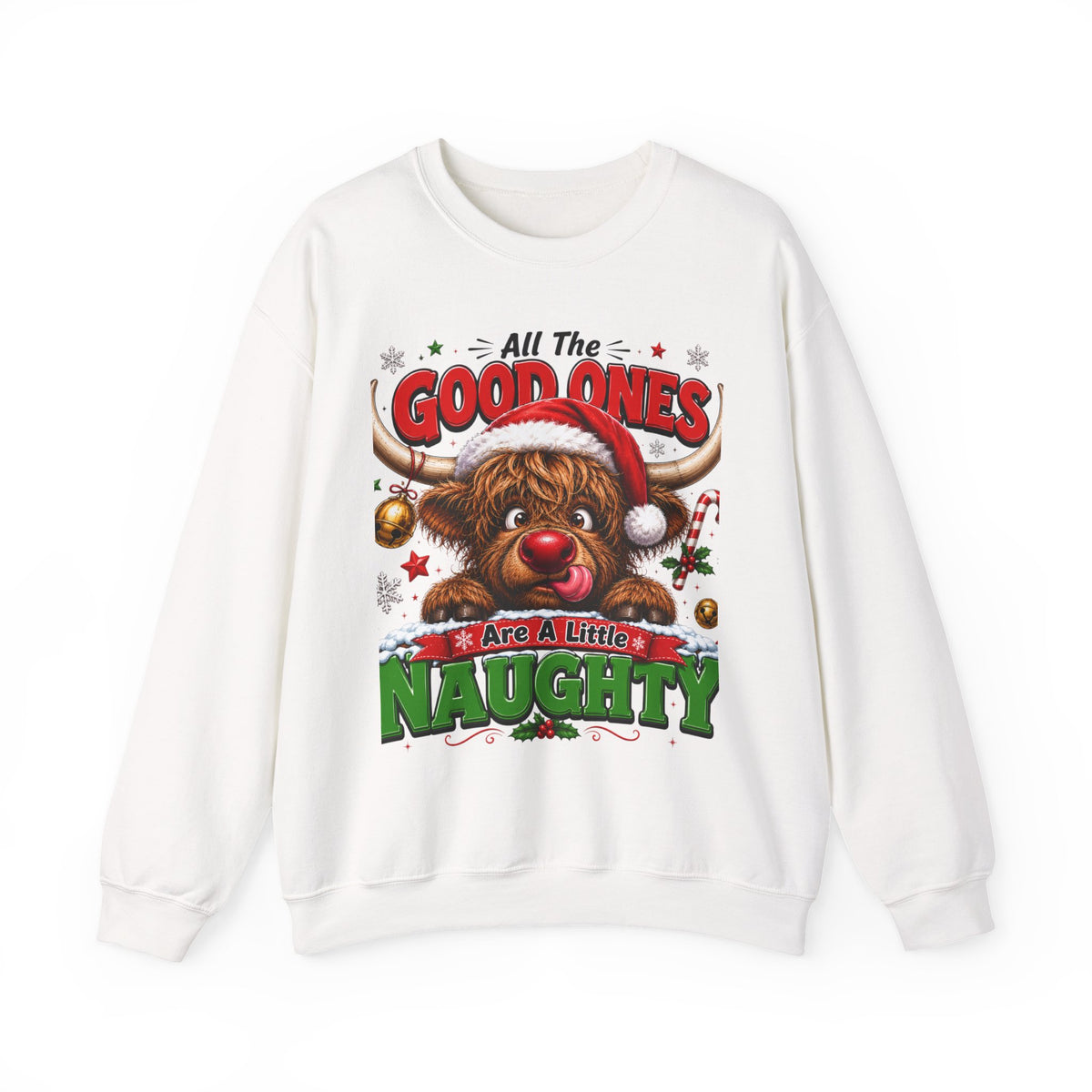 Naughty Highland Cow Christmas Sweatshirt – "All the Good Ones Are a Little Naughty"