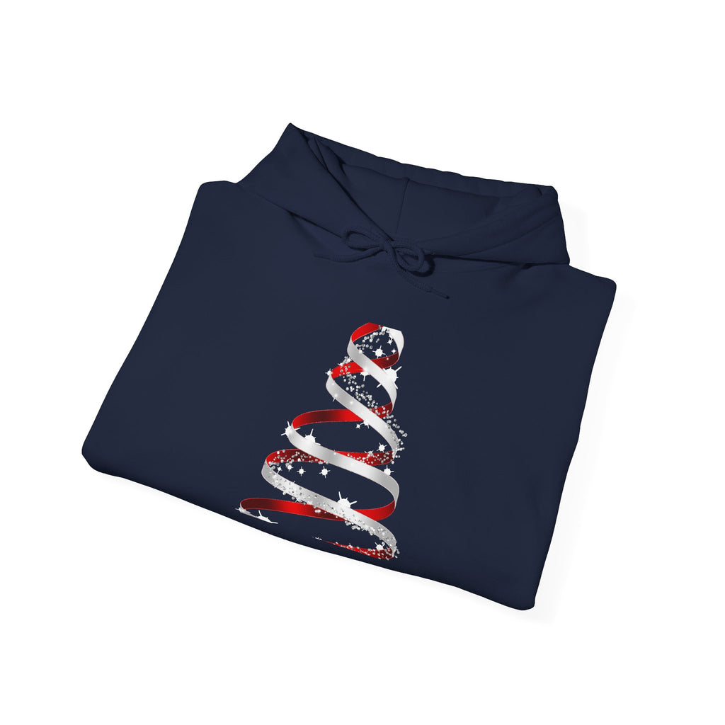 Christmas Ribbon Tree Hoodie — Minimal Red Ribbon Holiday Sweatshirt