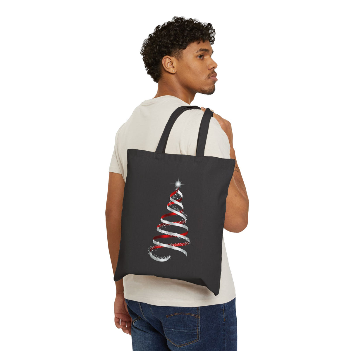 Canvas Tote Bag – Minimal Red Ribbon Christmas Tree Holiday Shopper