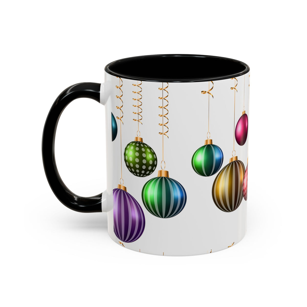 Holiday Ornament Accent Coffee Mug — Colorful Hanging Baubles 11/15oz