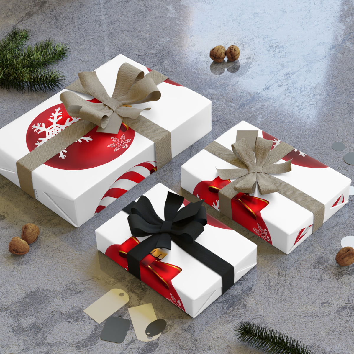 Christmas Ornament Gift Wrap Roll — Red Striped & Snowflake Bauble Wrapping Paper