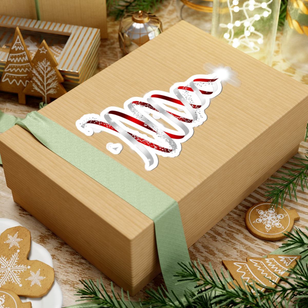Christmas Ribbon Tree Sticker — Red & White Spiral Holiday Kiss-Cut Sticker