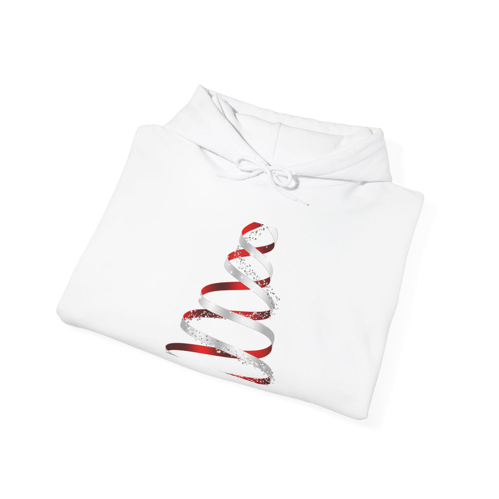 Christmas Ribbon Tree Hoodie — Minimal Red Ribbon Holiday Sweatshirt