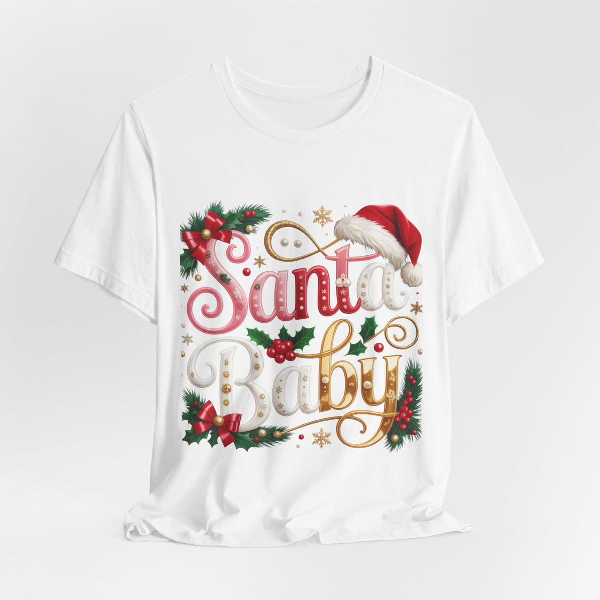 Santa Baby Christmas T-Shirt – Festive Holiday Tee with Santa Hat & Holly