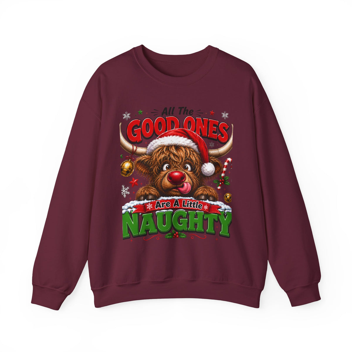 Naughty Highland Cow Christmas Sweatshirt – "All the Good Ones Are a Little Naughty"