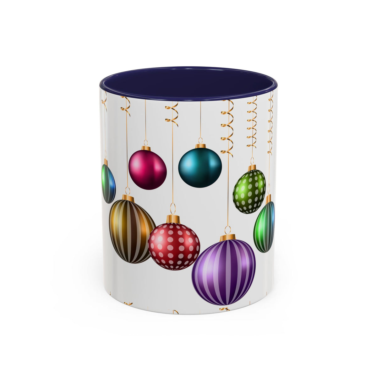 Holiday Ornament Accent Coffee Mug — Colorful Hanging Baubles 11/15oz
