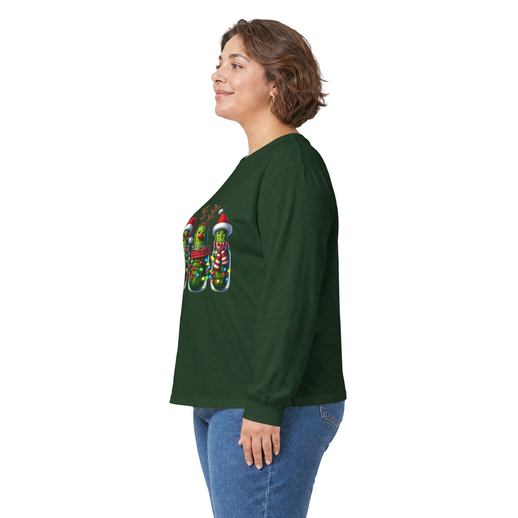 Long Sleeve Tee - Christmas Pickle Family with Santa Hat & Reindeer Holiday Design