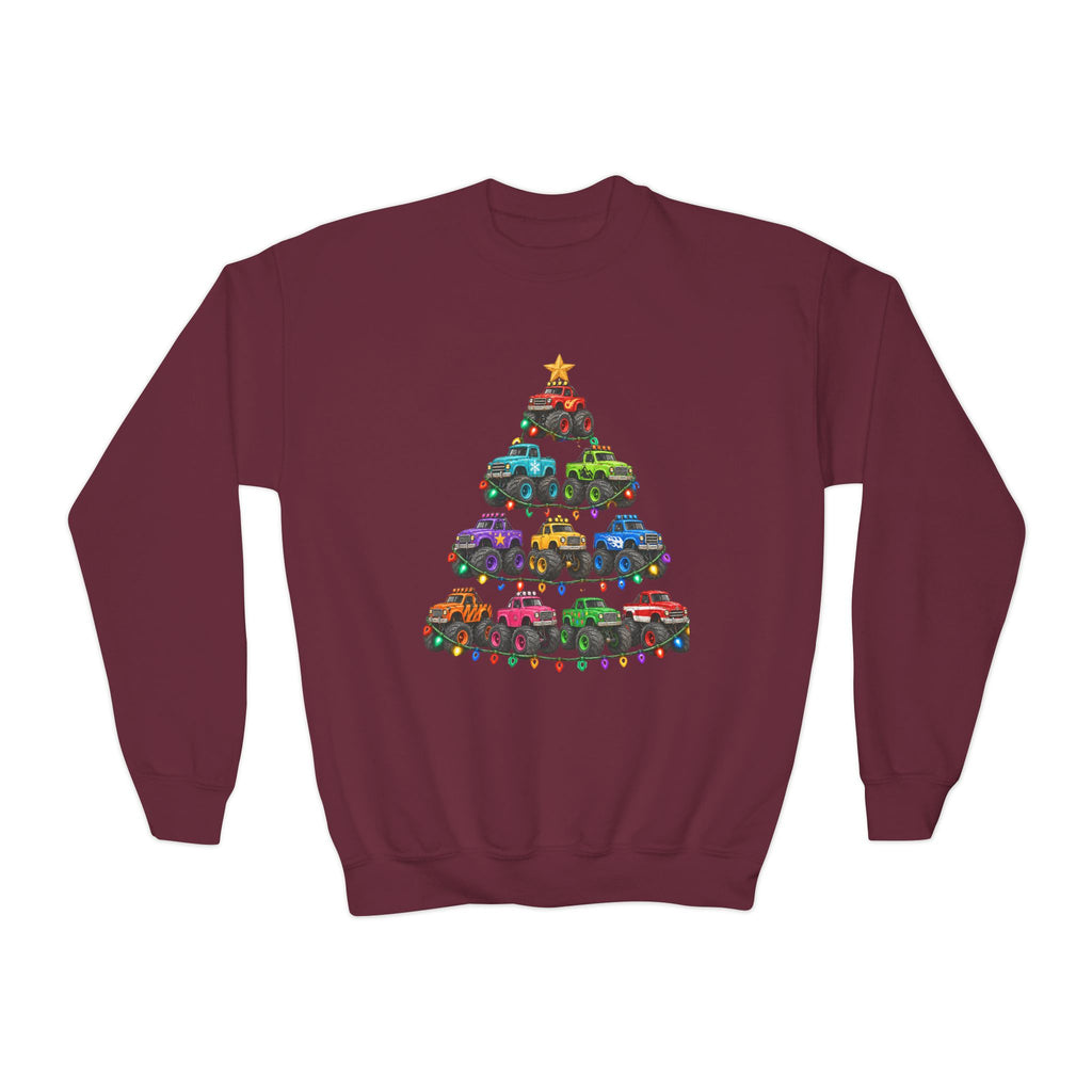 Youth Crewneck Sweatshirt — Colorful Monster Truck Christmas Tree Holiday Sweatshirt